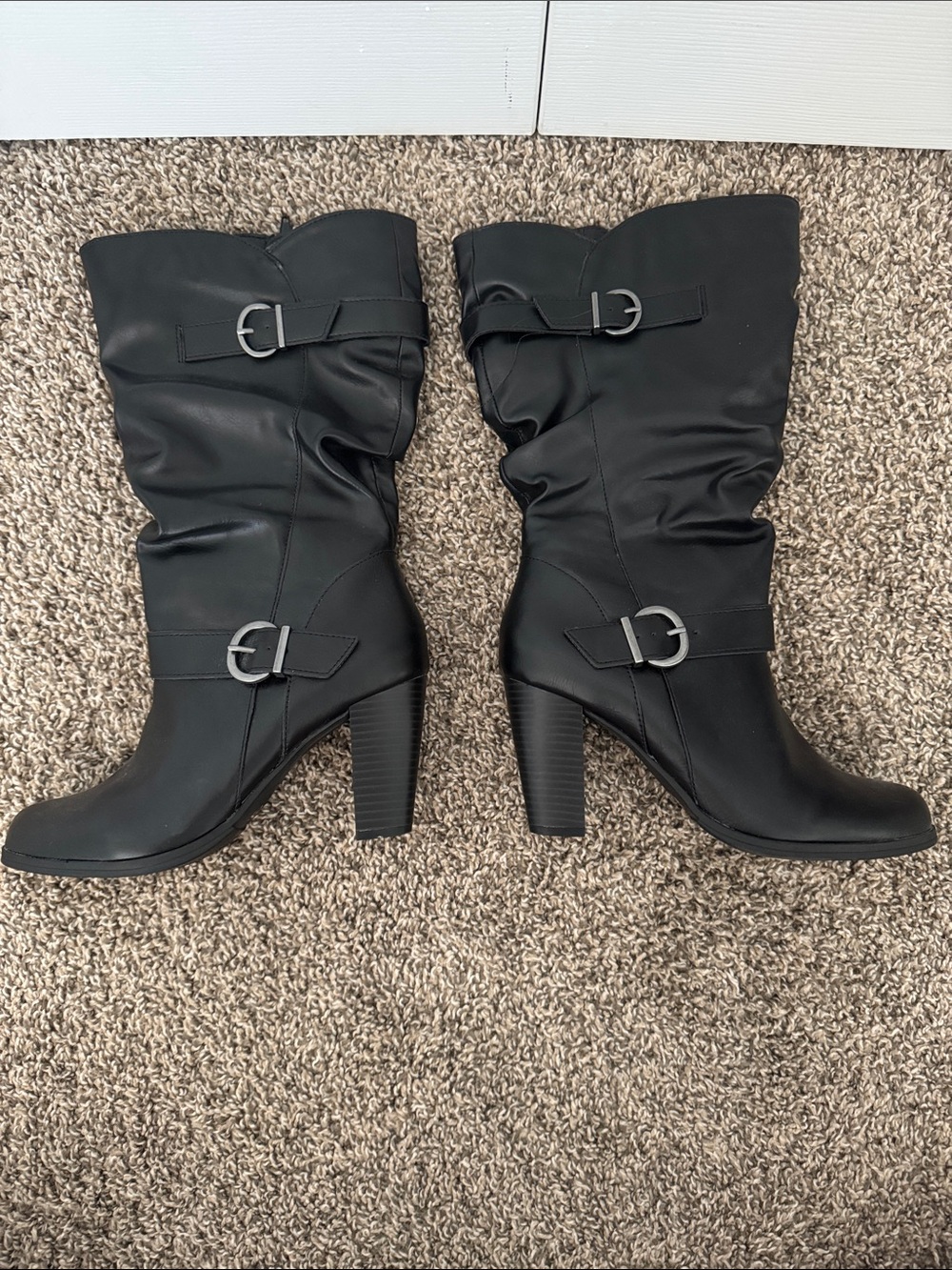 East 5th Black Slouch Mid-Calf Buckle Heel Boots
